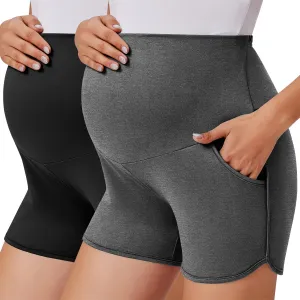 Ekouaer 2 Pack Women's Maternity Shorts Over Belly Pregnancy Lounge Summer Workout Running Sleep Shorts with Pockets S-XXL