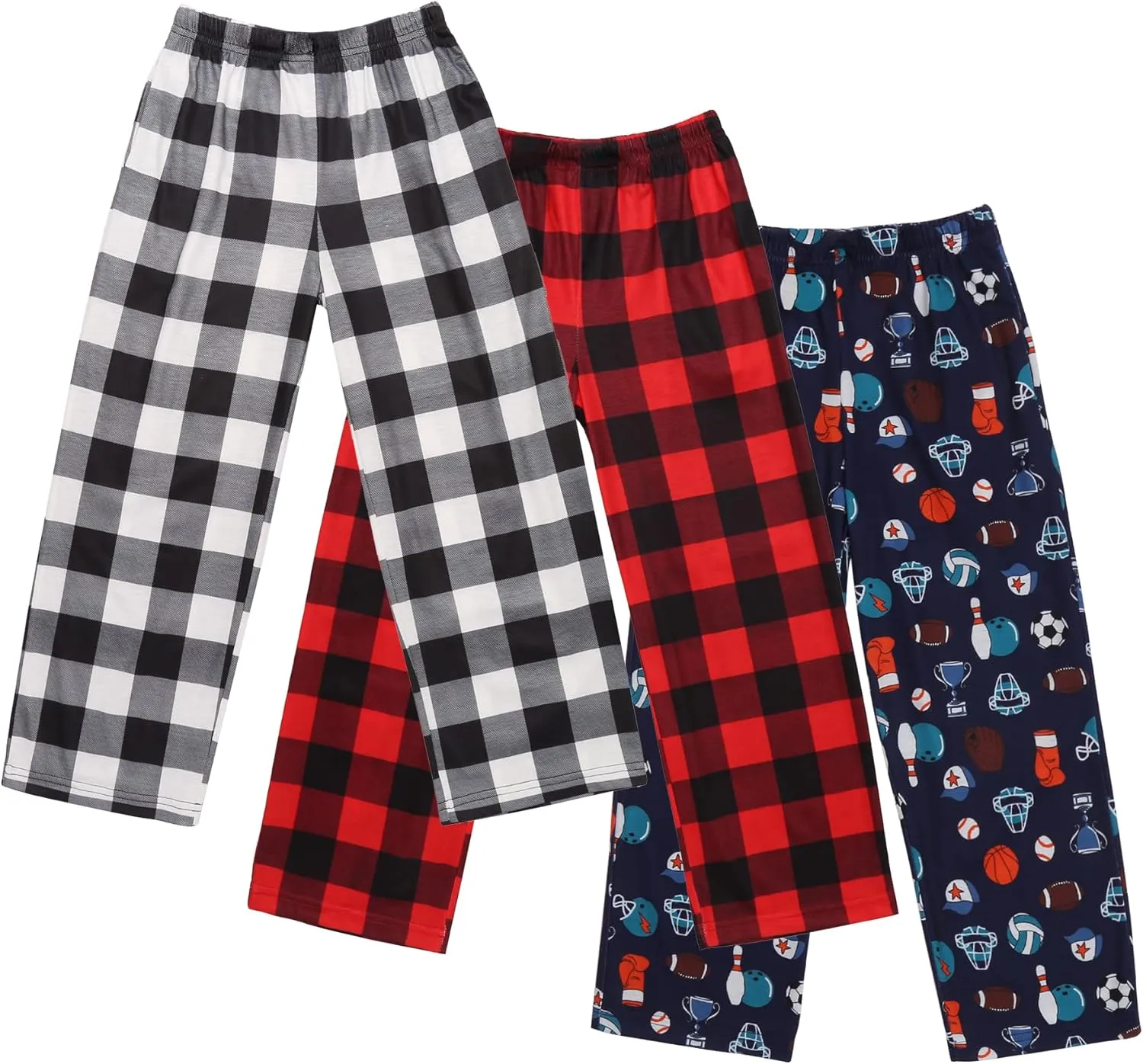 Ekouaer Boys Pajama Pants 3 Pack Sleep Pants Soft Elastic Waist Kids Pajama Bottoms Plaid Lounge Pants with 2 Pockets