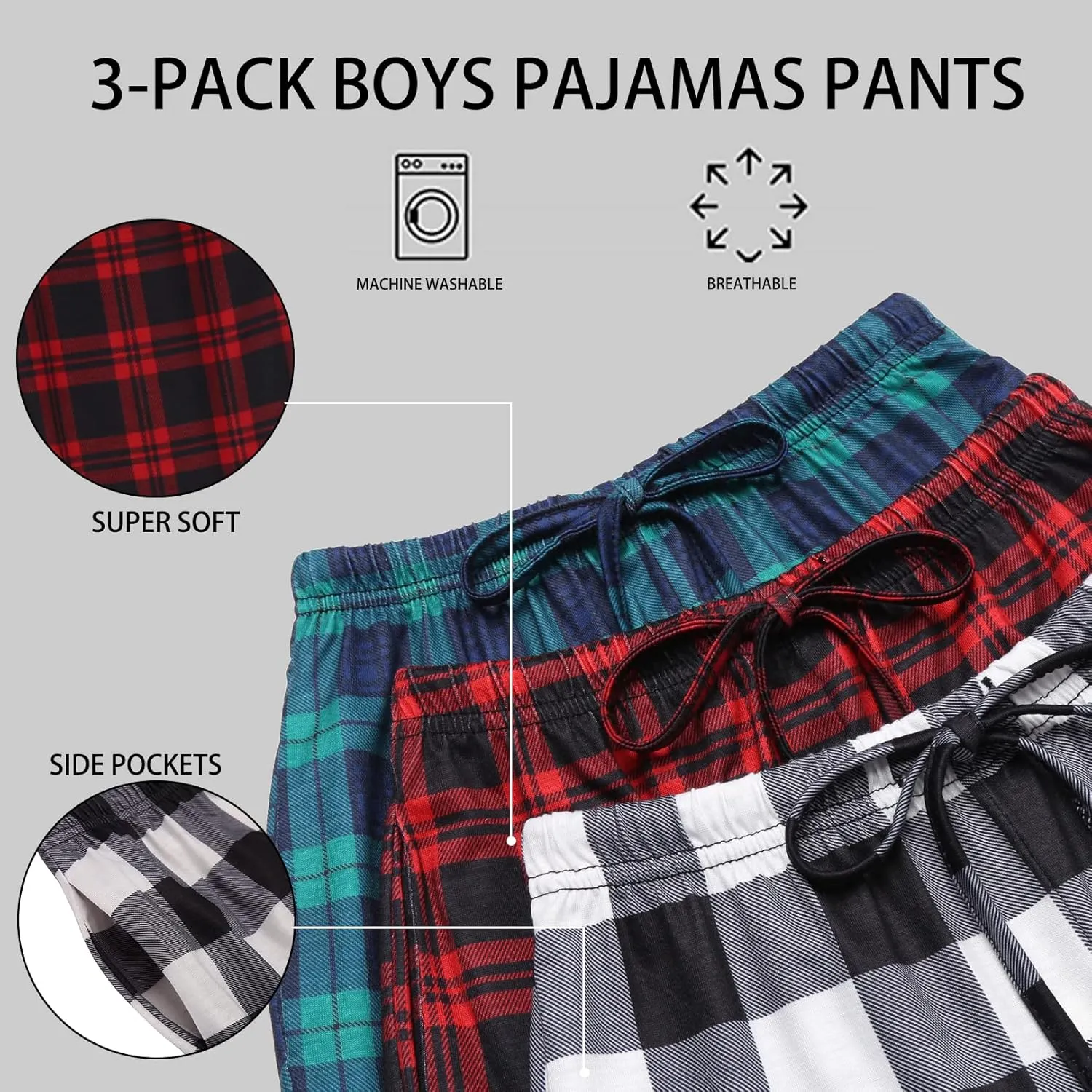Ekouaer Boys Pajama Pants 3 Pack Sleep Pants Soft Elastic Waist Kids Pajama Bottoms Plaid Lounge Pants with 2 Pockets