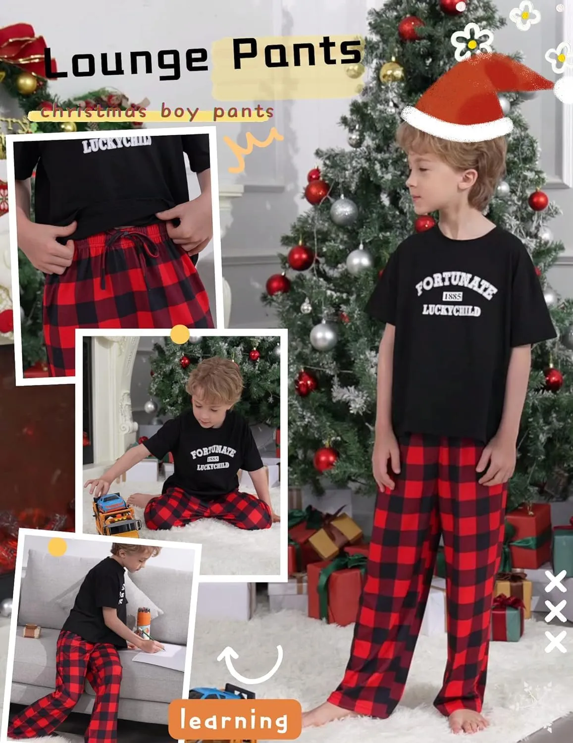 Ekouaer Boys Pajama Pants 3 Pack Sleep Pants Soft Elastic Waist Kids Pajama Bottoms Plaid Lounge Pants with 2 Pockets