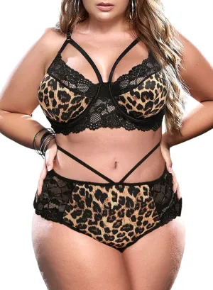 EVELUST Women Plus Size Lingerie - Sexy Strappy Outfits Leopard Lace Harness Underwire Bralette High Waist Panty Set