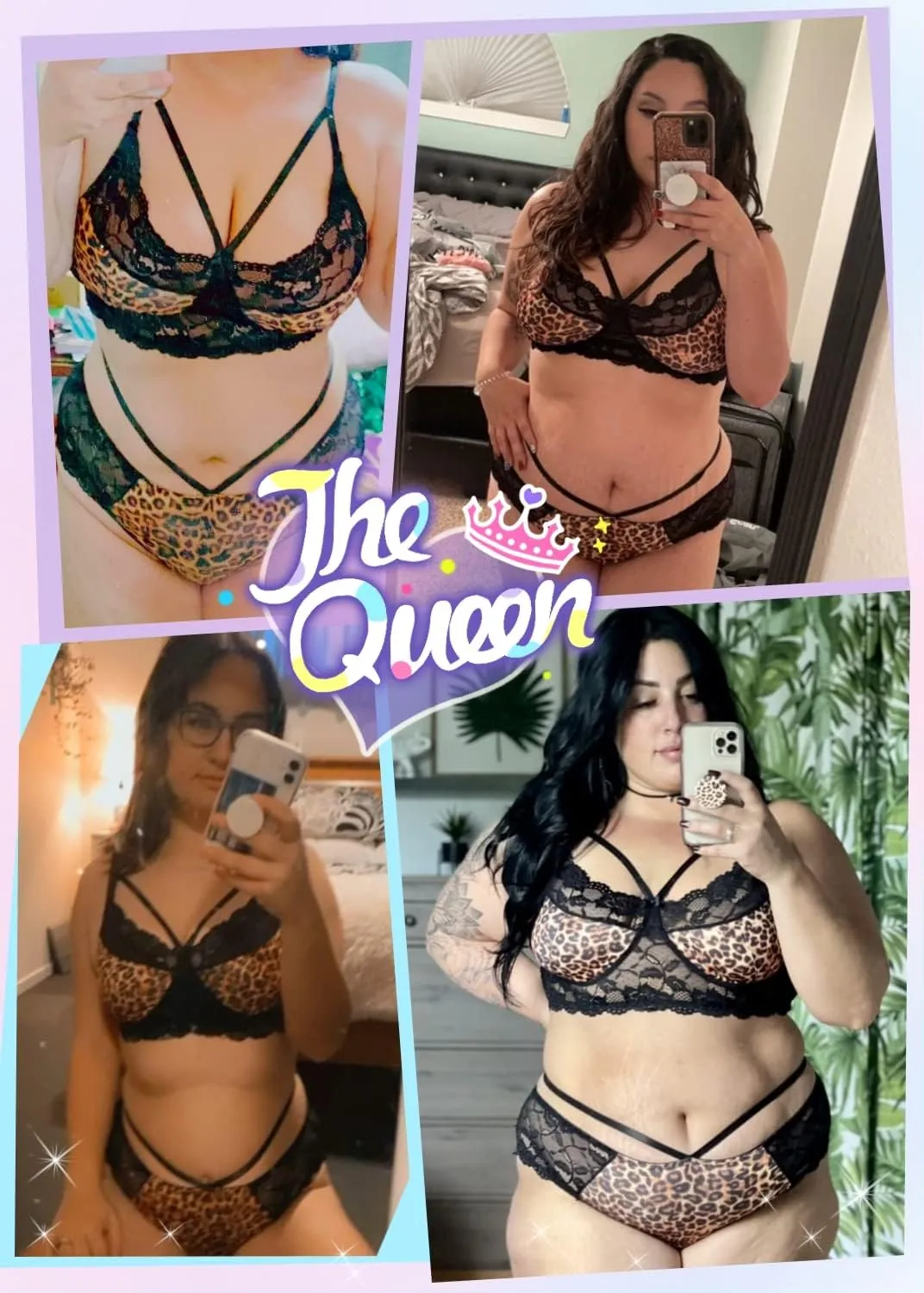 EVELUST Women Plus Size Lingerie - Sexy Strappy Outfits Leopard Lace Harness Underwire Bralette High Waist Panty Set