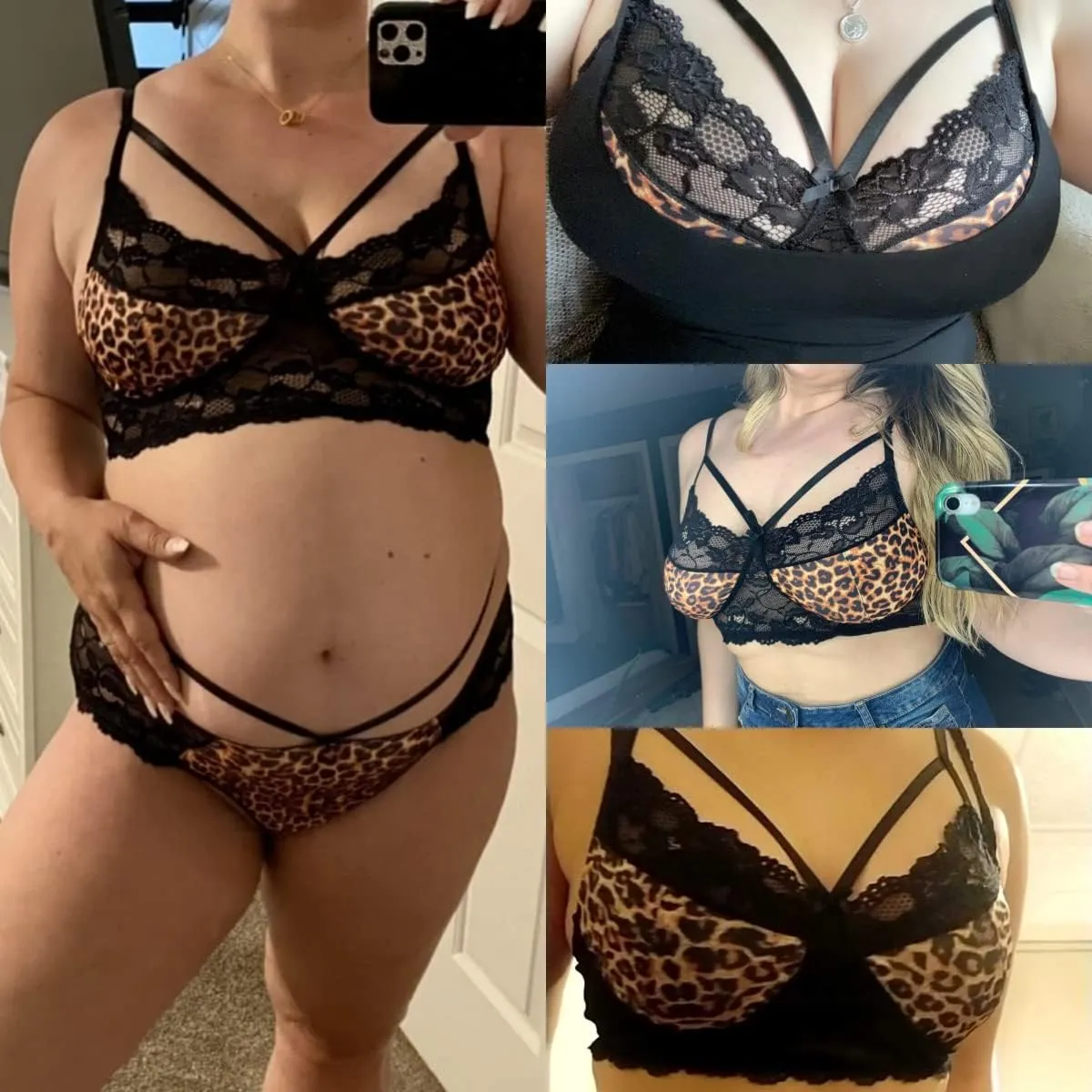 EVELUST Women Plus Size Lingerie - Sexy Strappy Outfits Leopard Lace Harness Underwire Bralette High Waist Panty Set