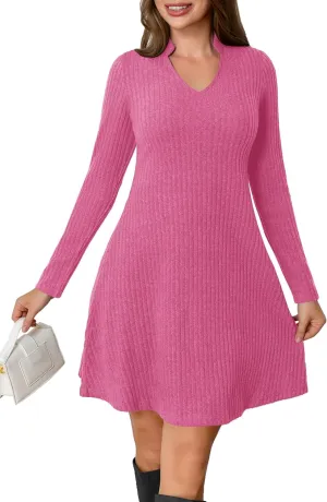 Fall Dresses for Women Long Sleeve V Neck Casual A Line Short Tunic Sweater Dress