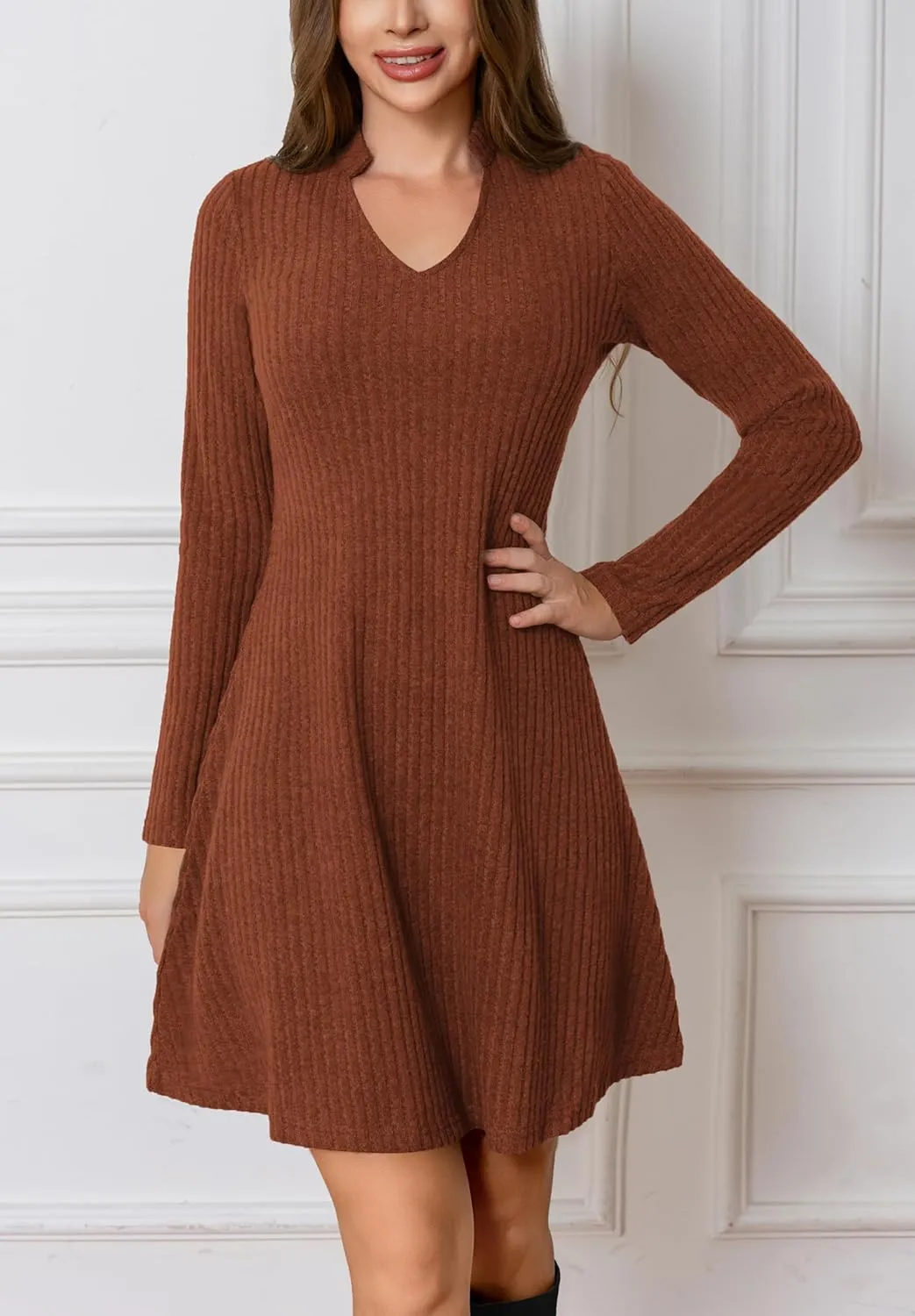 Fall Dresses for Women Long Sleeve V Neck Casual A Line Short Tunic Sweater Dress