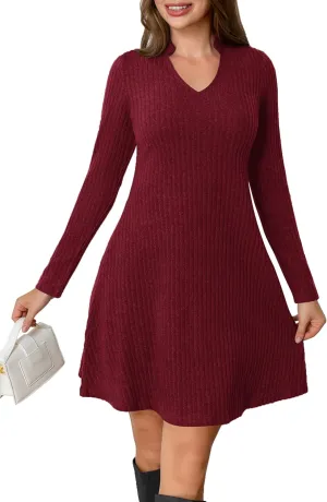 Fall Dresses for Women Long Sleeve V Neck Casual A Line Short Tunic Sweater Dress