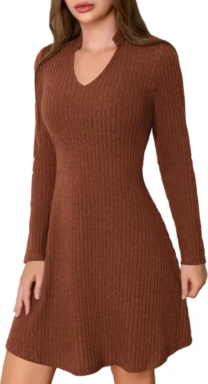 Fall Dresses for Women Long Sleeve V Neck Casual A Line Short Tunic Sweater Dress