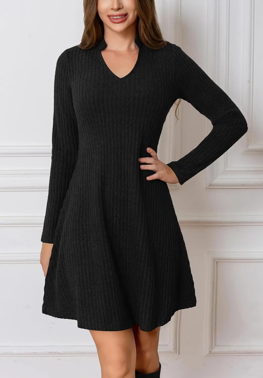 Fall Dresses for Women Long Sleeve V Neck Casual A Line Short Tunic Sweater Dress