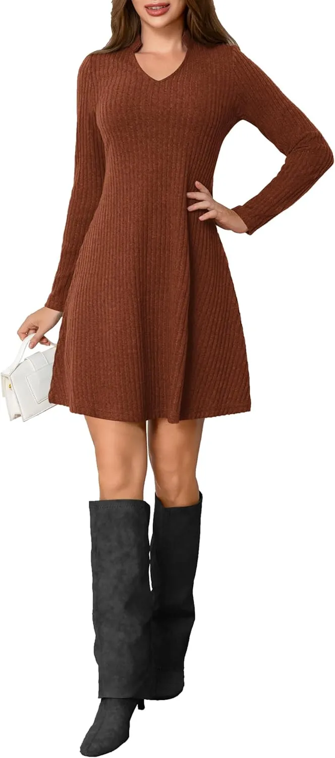 Fall Dresses for Women Long Sleeve V Neck Casual A Line Short Tunic Sweater Dress