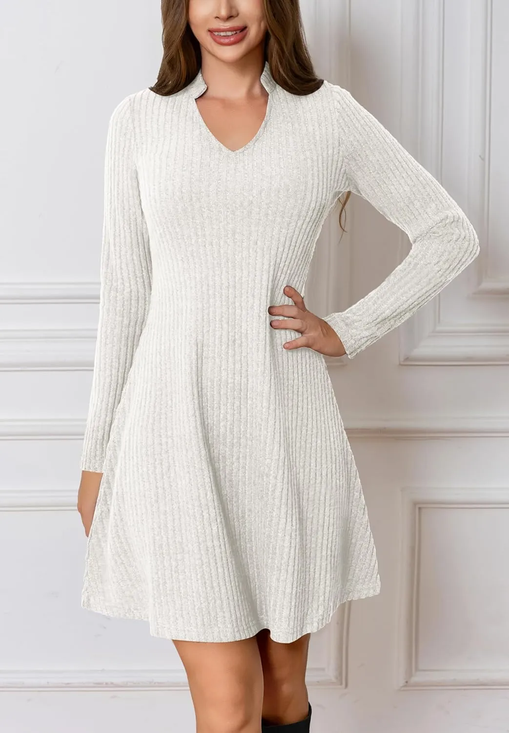 Fall Dresses for Women Long Sleeve V Neck Casual A Line Short Tunic Sweater Dress