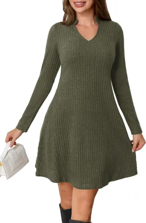 Fall Dresses for Women Long Sleeve V Neck Casual A Line Short Tunic Sweater Dress