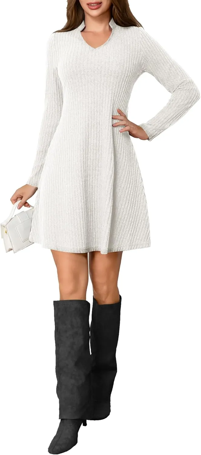 Fall Dresses for Women Long Sleeve V Neck Casual A Line Short Tunic Sweater Dress