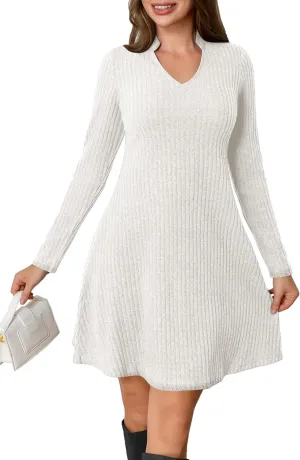 Fall Dresses for Women Long Sleeve V Neck Casual A Line Short Tunic Sweater Dress
