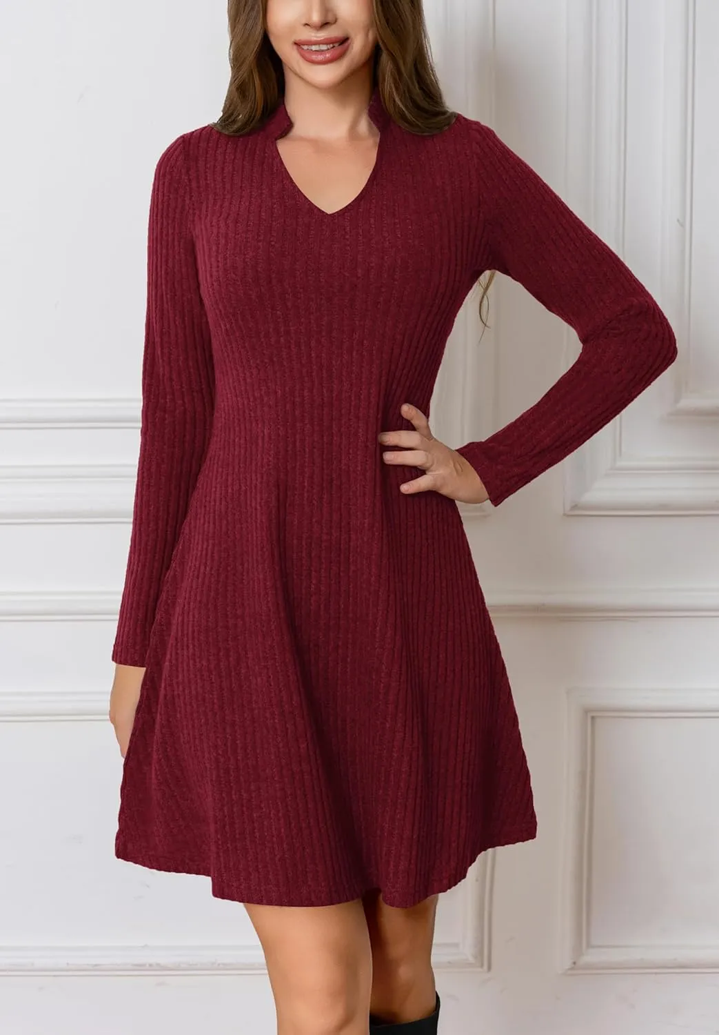 Fall Dresses for Women Long Sleeve V Neck Casual A Line Short Tunic Sweater Dress