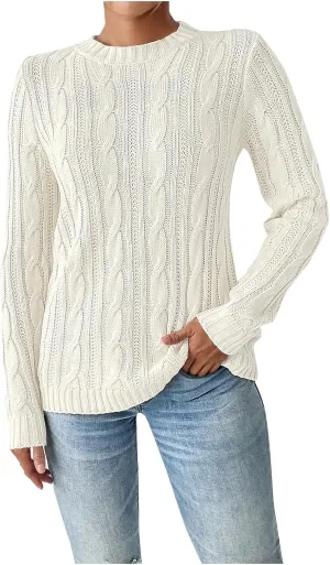 Fashion Cable Knit Sweaters for Women Oversized Stretchy Crew Neck Pullover Casual Solid Color Long Sleeve Sweater