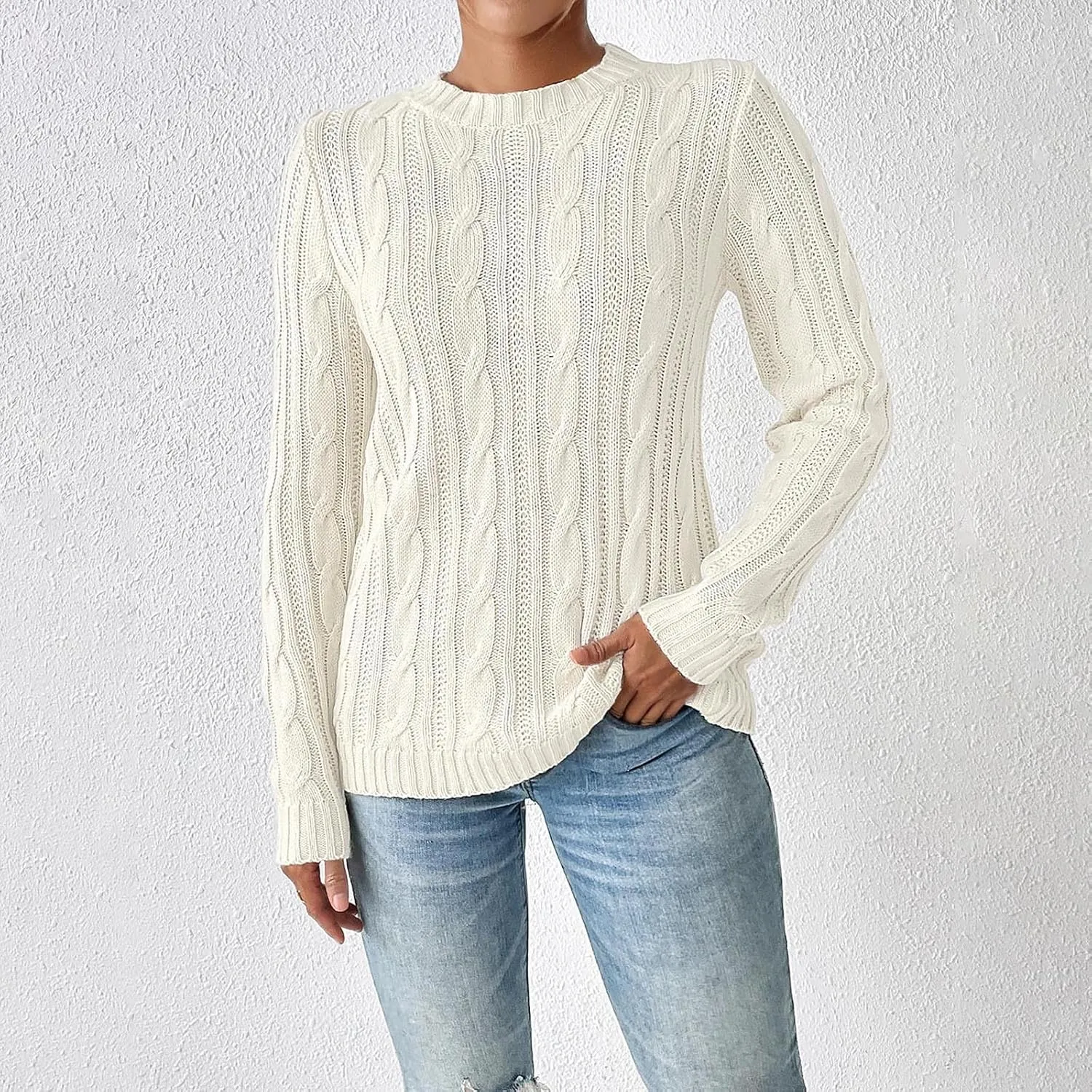 Fashion Cable Knit Sweaters for Women Oversized Stretchy Crew Neck Pullover Casual Solid Color Long Sleeve Sweater
