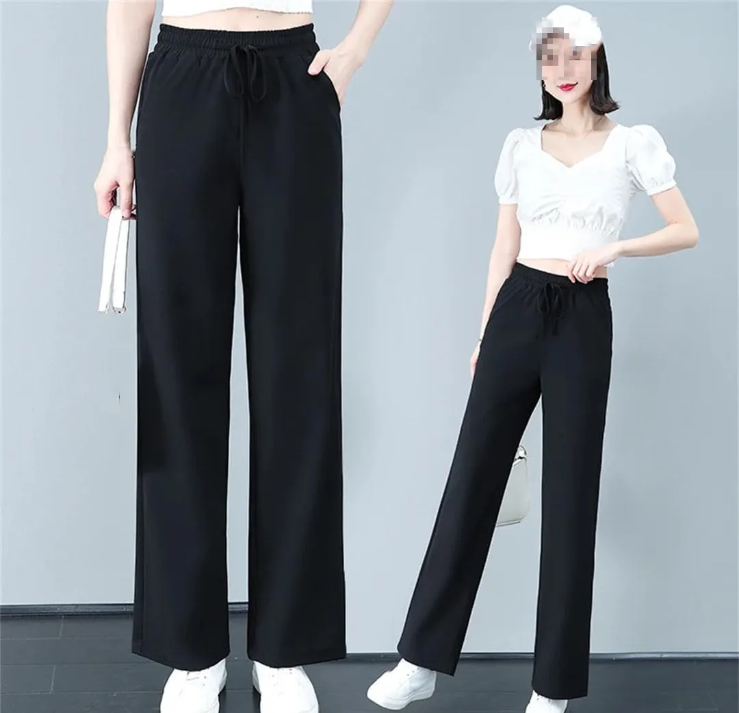 Fashion High Waist Ice Silk Wide Leg Pants for Women Summer Casual Straight Leg Trousers