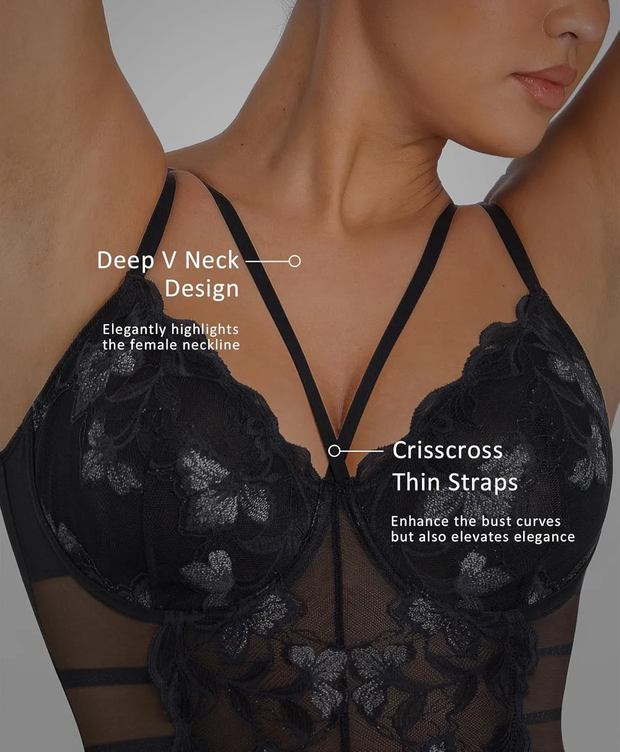 FeelinGirl Lace Shapewear Bodysuits for Women V Neck Sleeveless Tops Tummy Control Body Suits Thong Body Shaper