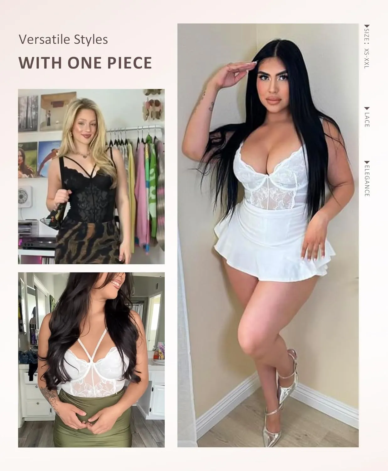 FeelinGirl Lace Shapewear Bodysuits for Women V Neck Sleeveless Tops Tummy Control Body Suits Thong Body Shaper