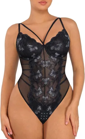 FeelinGirl Lace Shapewear Bodysuits for Women V Neck Sleeveless Tops Tummy Control Body Suits Thong Body Shaper