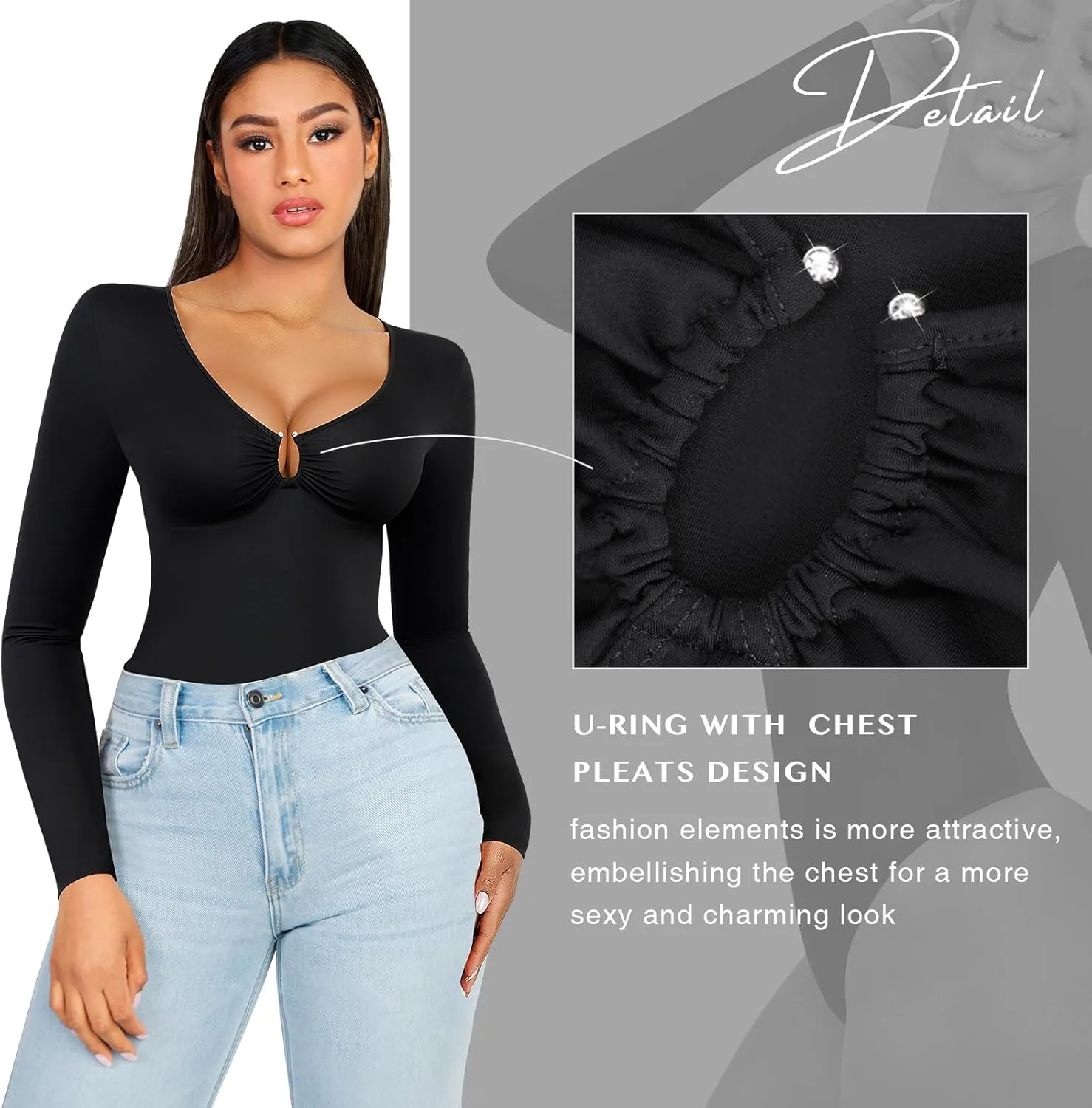 FeelinGirl Long Sleeve Bodysuit for Women Thong Body Suit Square Neck Shapewear 2024 Shirt Tops