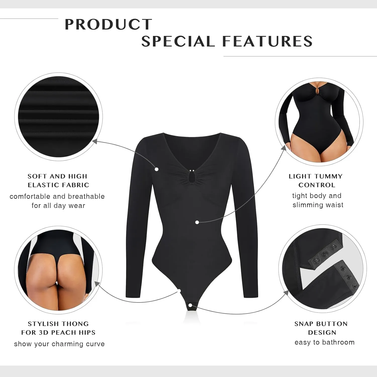 FeelinGirl Long Sleeve Bodysuit for Women Thong Body Suit Square Neck Shapewear 2024 Shirt Tops