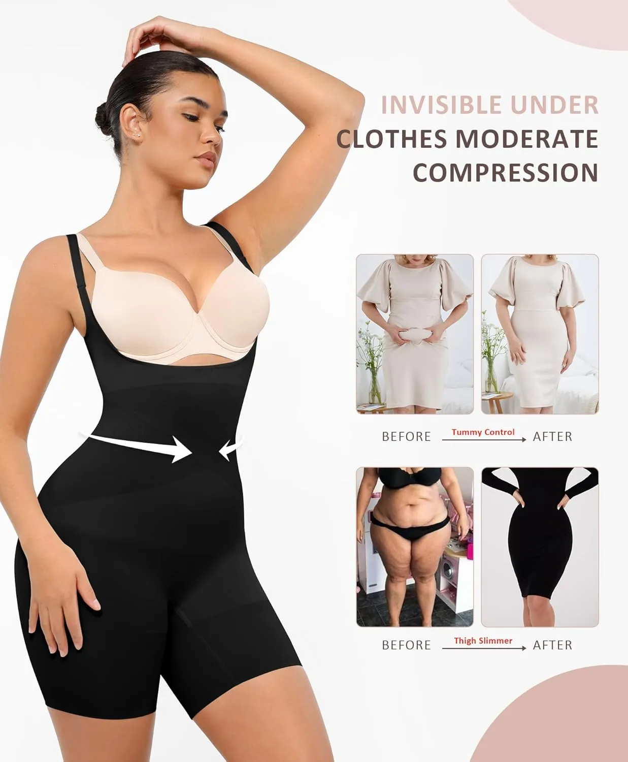 FeelinGirl Open Bust Shapewear Tummy Control Seamless Body Shaper for Women Mid Thigh Sculpting Bodysuit