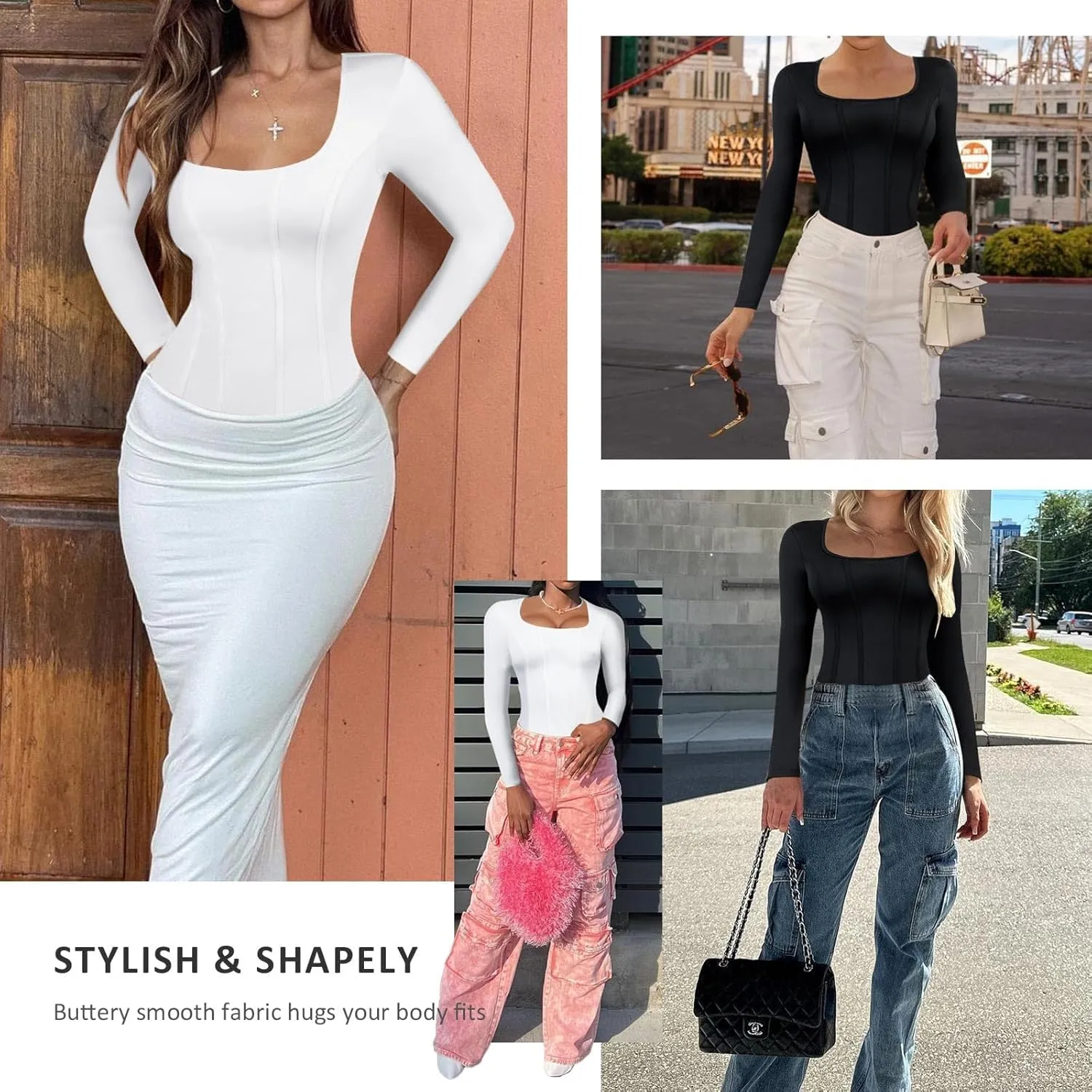 FeelinGirl Seamless Tummy Control Bodysuit Thong Basic Square Neck Slimming Tops for Women Shaping Thong