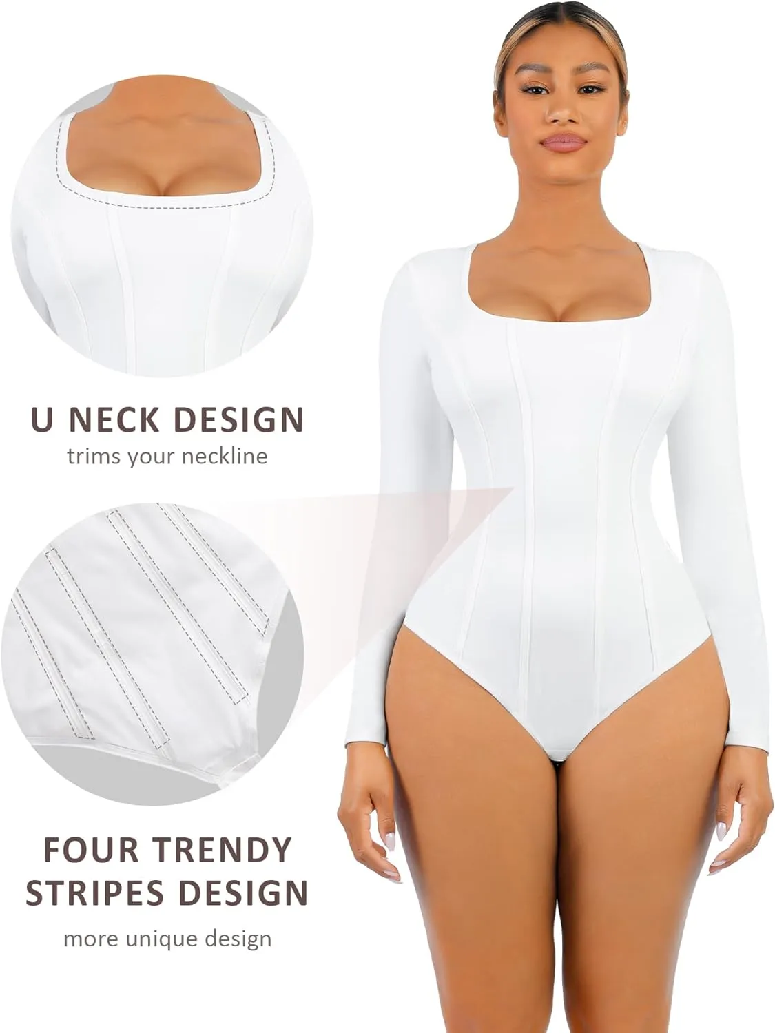 FeelinGirl Seamless Tummy Control Bodysuit Thong Basic Square Neck Slimming Tops for Women Shaping Thong