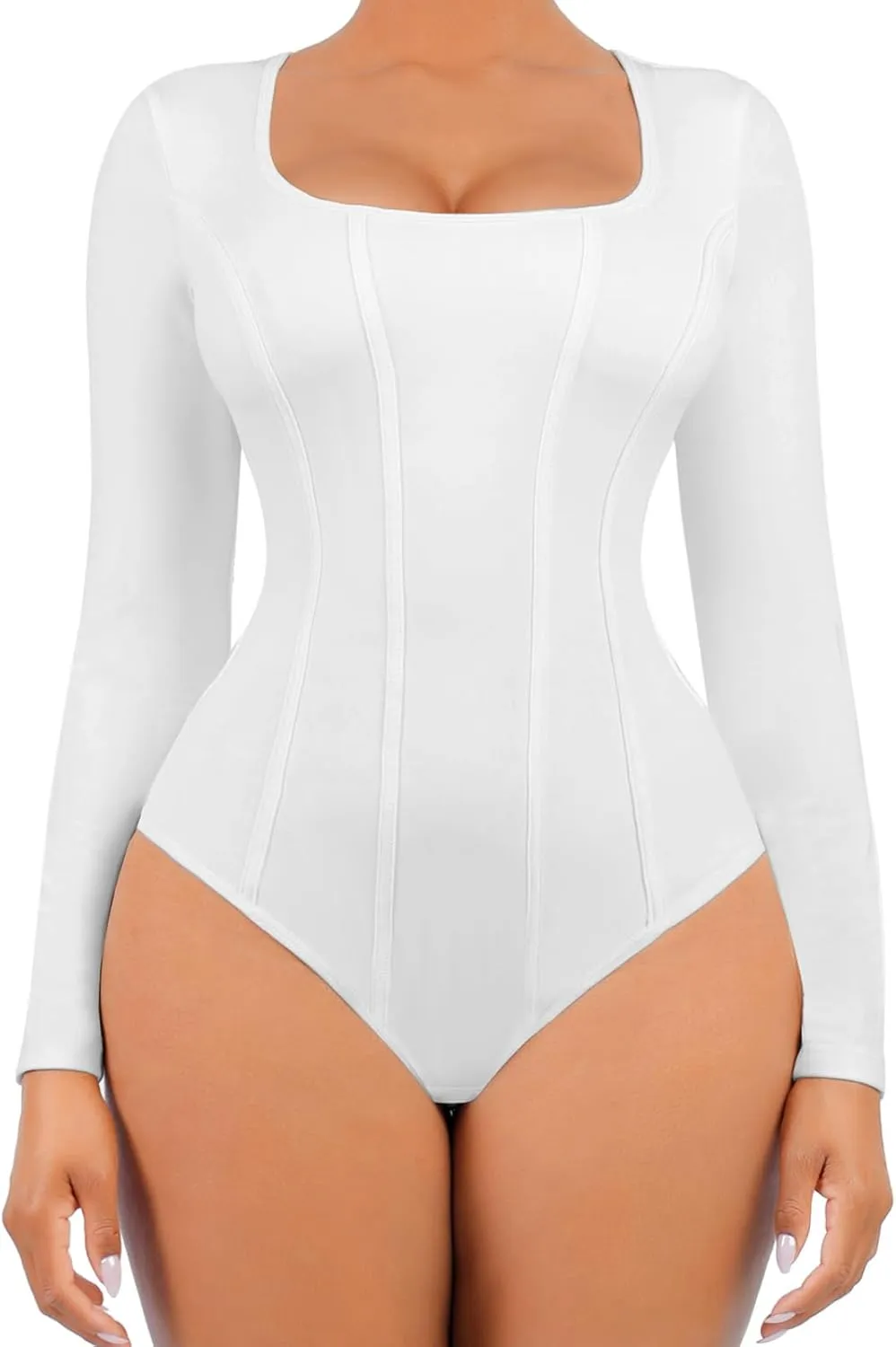 FeelinGirl Seamless Tummy Control Bodysuit Thong Basic Square Neck Slimming Tops for Women Shaping Thong