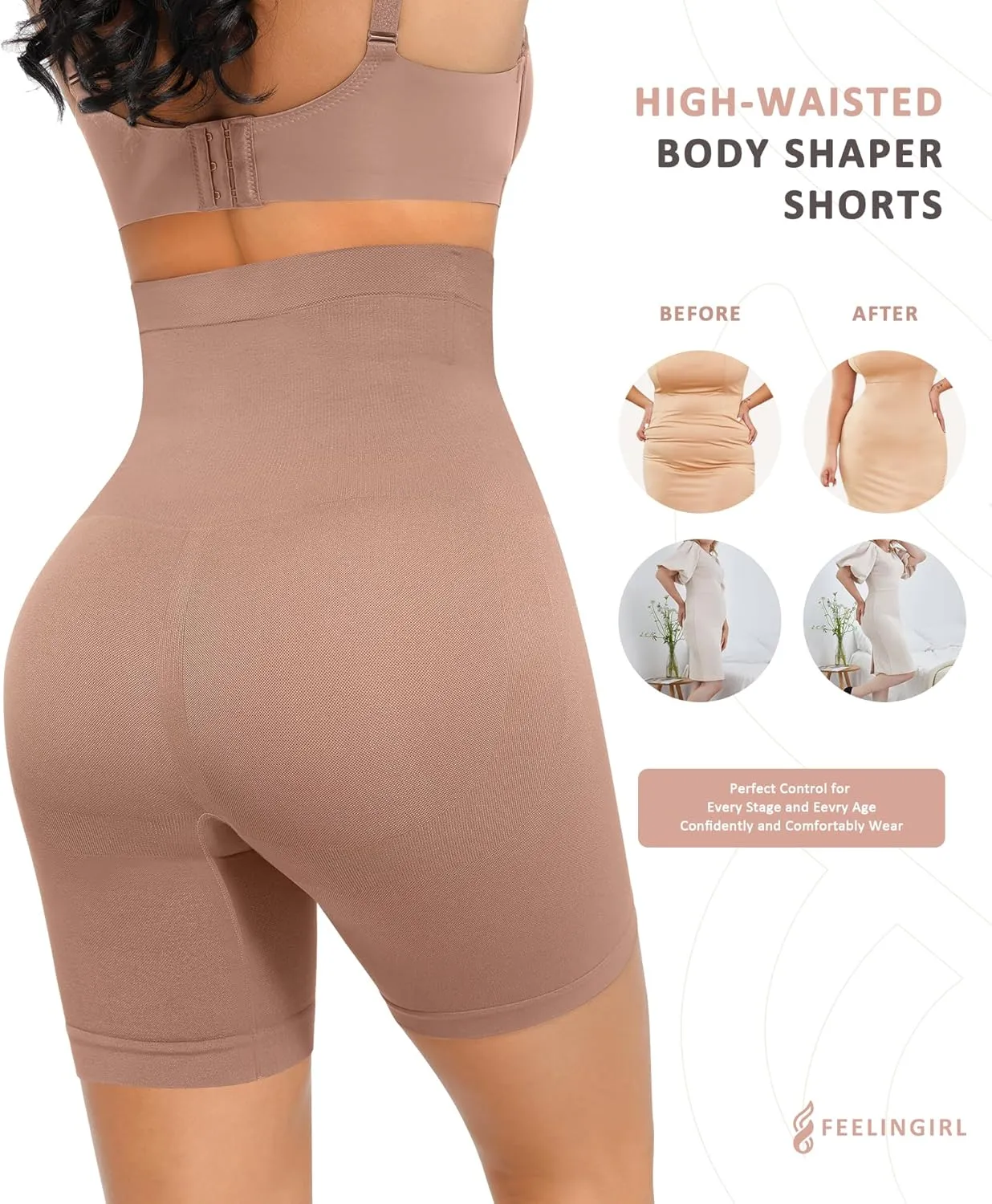 FeelinGirl Tummy Control Shapewear Shorts Body Shaper for Women High-Waisted Thigh Slimming