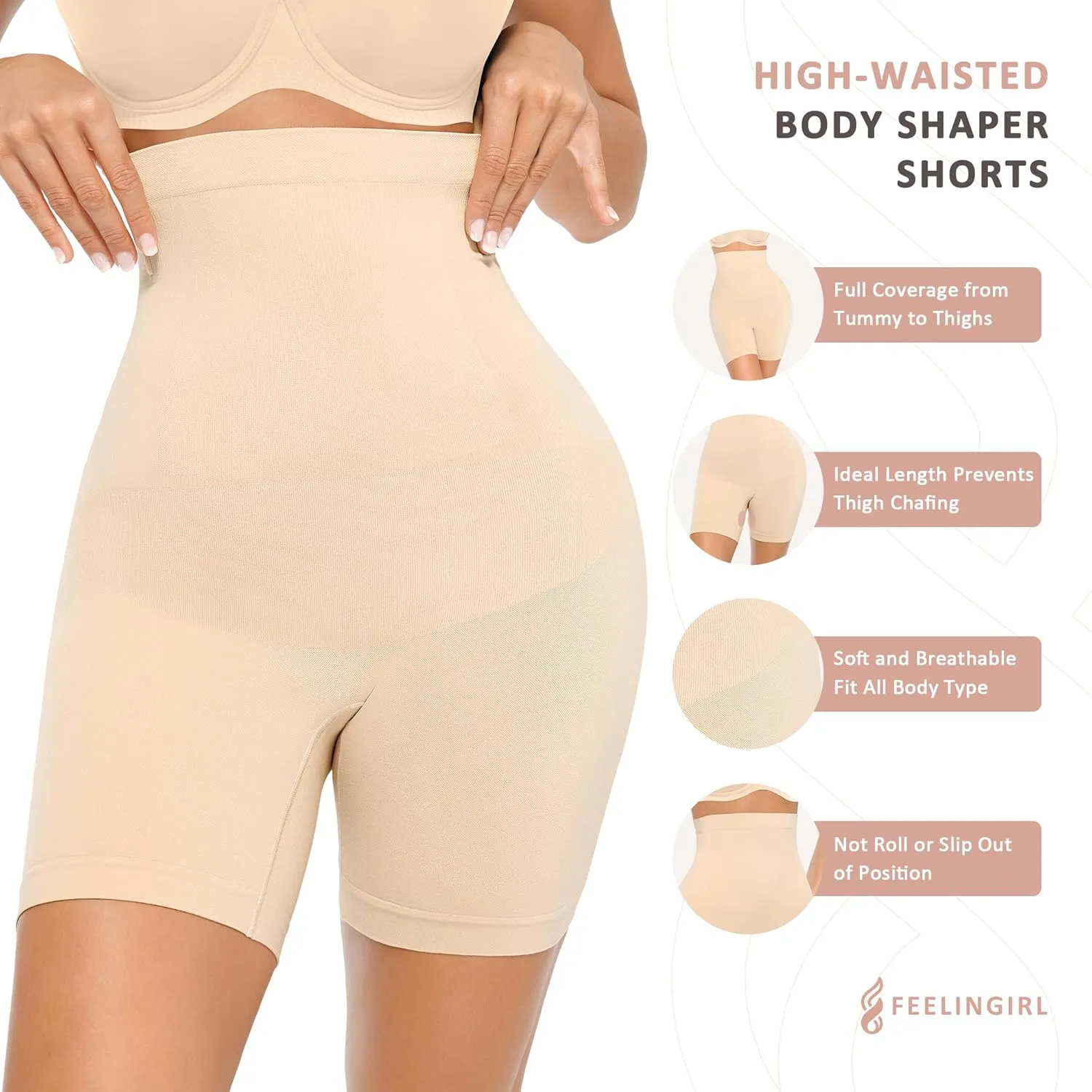FeelinGirl Tummy Control Shapewear Shorts Body Shaper for Women High-Waisted Thigh Slimming