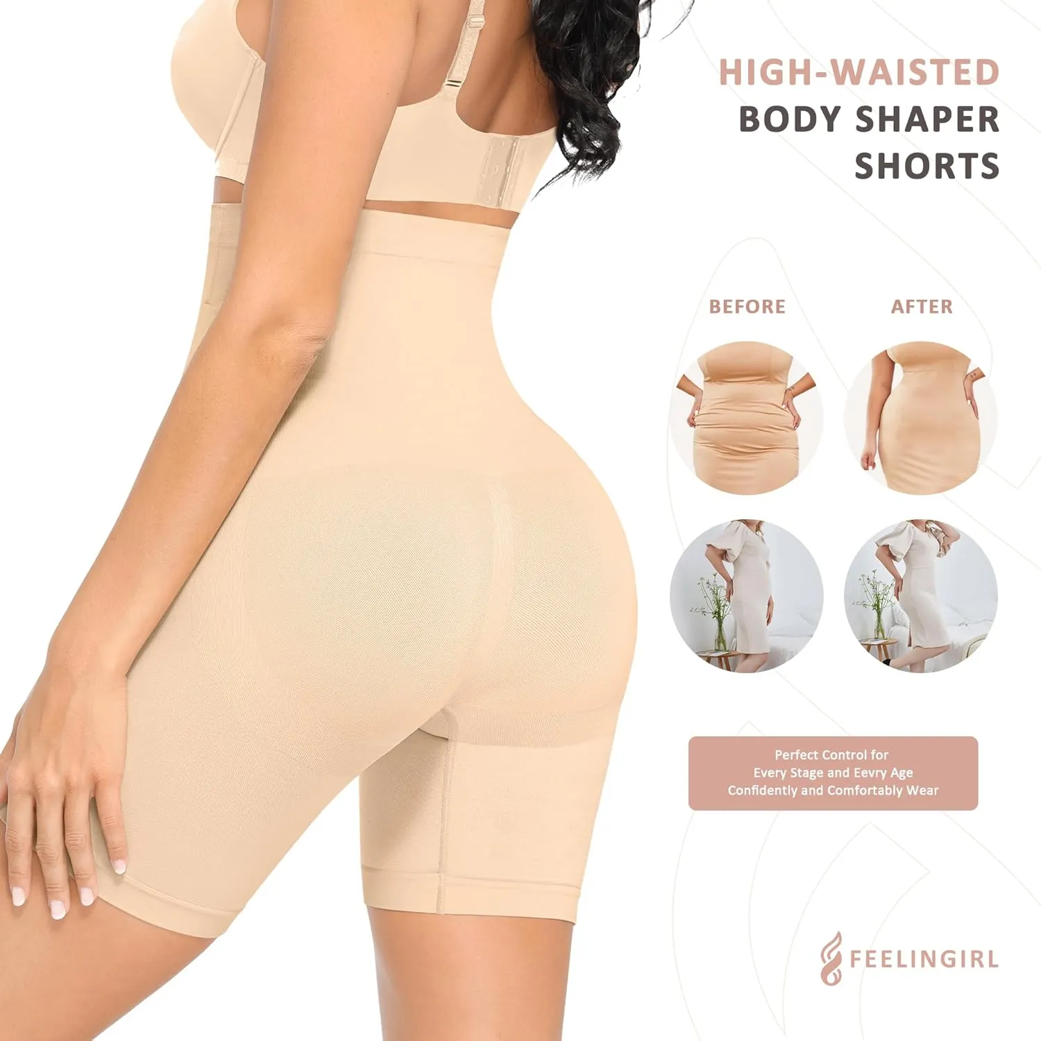 FeelinGirl Tummy Control Shapewear Shorts Body Shaper for Women High-Waisted Thigh Slimming