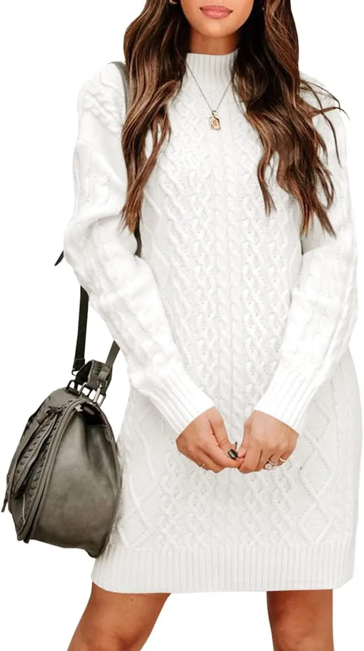 FSHAOES Womens Turtleneck Cable Knit Sweater Dress Fall Winter Long Sleeve Bodycon Mini Dresses Solid Long Pullover Jumper