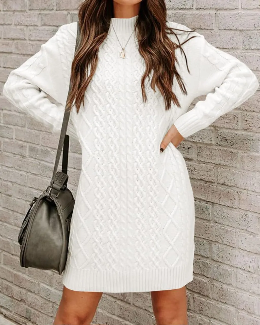 FSHAOES Womens Turtleneck Cable Knit Sweater Dress Fall Winter Long Sleeve Bodycon Mini Dresses Solid Long Pullover Jumper