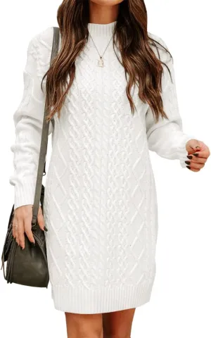 FSHAOES Womens Turtleneck Cable Knit Sweater Dress Fall Winter Long Sleeve Bodycon Mini Dresses Solid Long Pullover Jumper