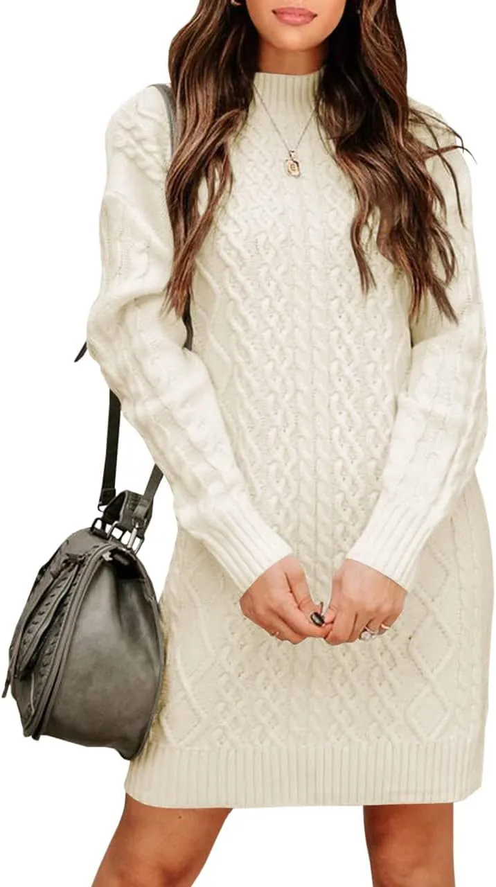 FSHAOES Womens Turtleneck Cable Knit Sweater Dress Fall Winter Long Sleeve Bodycon Mini Dresses Solid Long Pullover Jumper