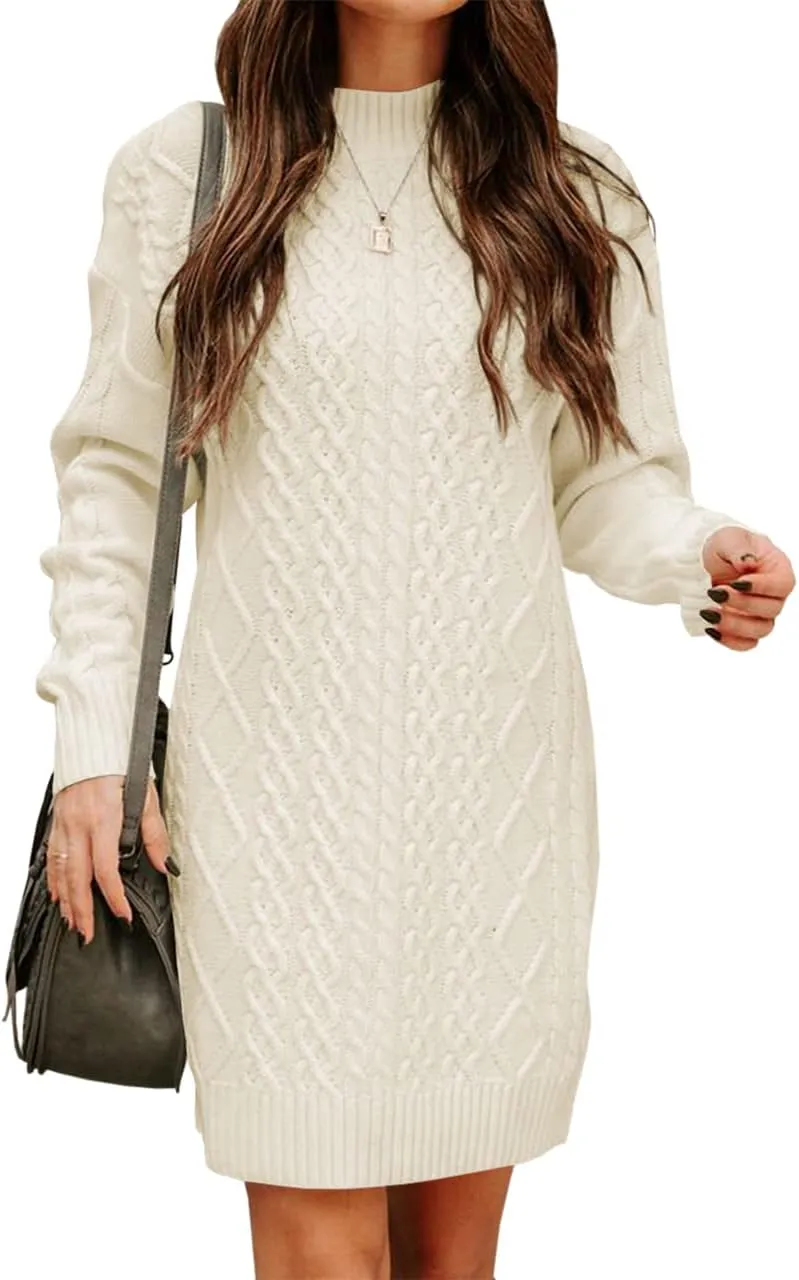 FSHAOES Womens Turtleneck Cable Knit Sweater Dress Fall Winter Long Sleeve Bodycon Mini Dresses Solid Long Pullover Jumper