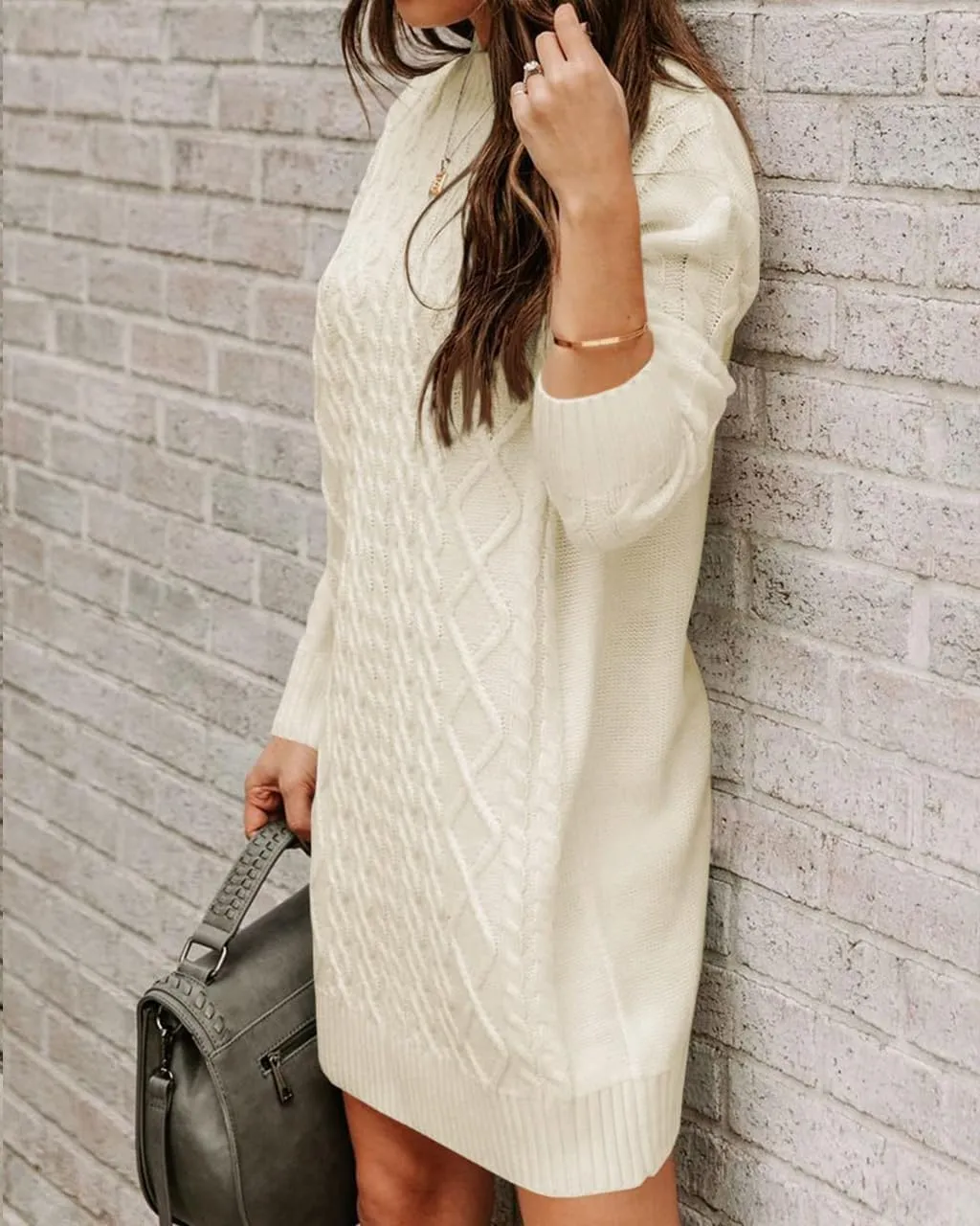 FSHAOES Womens Turtleneck Cable Knit Sweater Dress Fall Winter Long Sleeve Bodycon Mini Dresses Solid Long Pullover Jumper