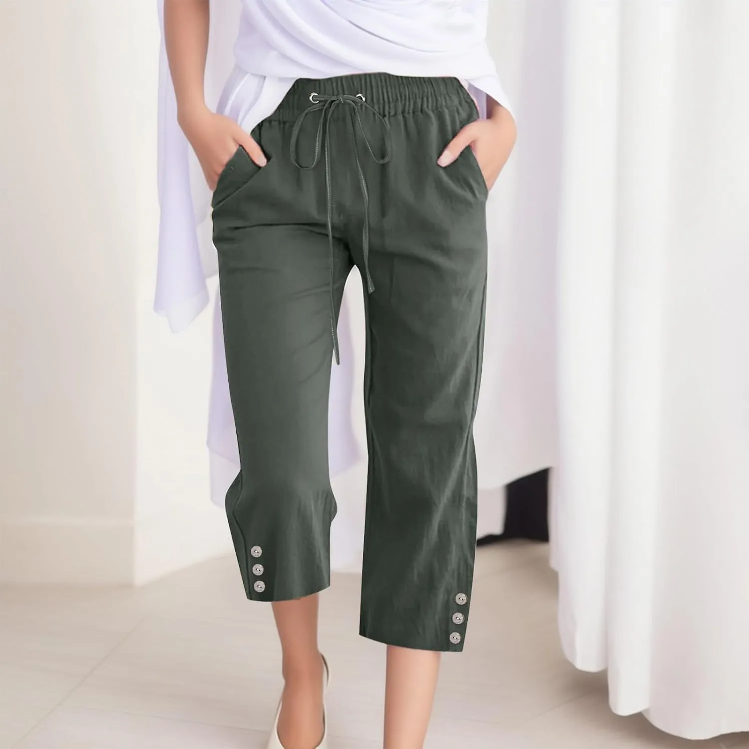 FZVYD Capri Pants for Women Casual 2024 Summer Drawstring Elastic High Waist Linen Pant Straight Wide Leg Cropped Trouser