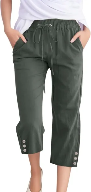 FZVYD Capri Pants for Women Casual 2024 Summer Drawstring Elastic High Waist Linen Pant Straight Wide Leg Cropped Trouser