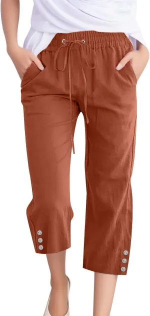 FZVYD Capri Pants for Women Casual 2024 Summer Drawstring Elastic High Waist Linen Pant Straight Wide Leg Cropped Trouser
