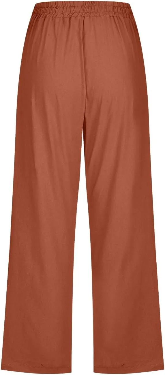 FZVYD Capri Pants for Women Casual 2024 Summer Drawstring Elastic High Waist Linen Pant Straight Wide Leg Cropped Trouser