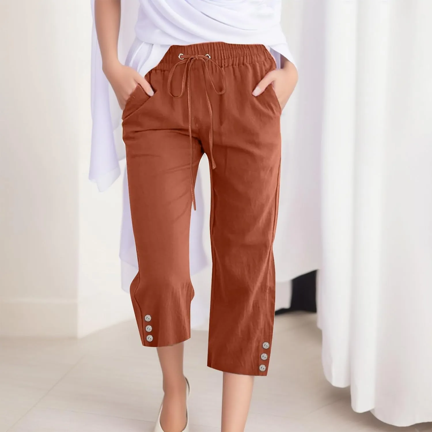 FZVYD Capri Pants for Women Casual 2024 Summer Drawstring Elastic High Waist Linen Pant Straight Wide Leg Cropped Trouser