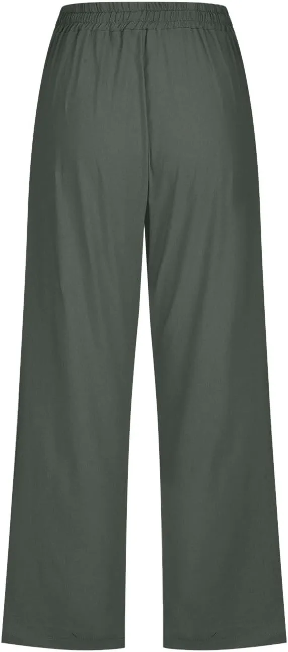 FZVYD Capri Pants for Women Casual 2024 Summer Drawstring Elastic High Waist Linen Pant Straight Wide Leg Cropped Trouser