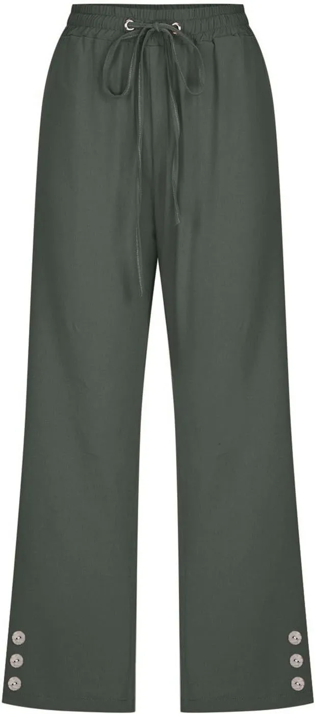 FZVYD Capri Pants for Women Casual 2024 Summer Drawstring Elastic High Waist Linen Pant Straight Wide Leg Cropped Trouser