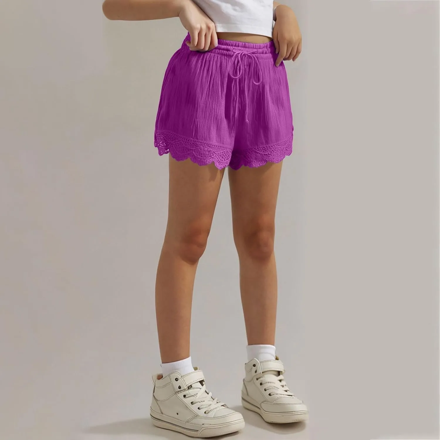 Girls Cotton Linen Shorts Cute Lace Trim Comfy Summer Elastic High Waist Yoga Dance Shorts for Kids 4-14 Years