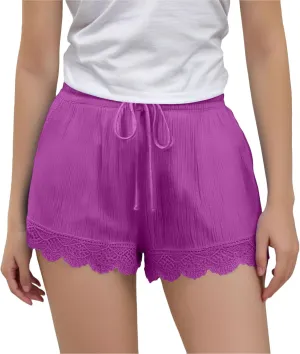Girls Cotton Linen Shorts Cute Lace Trim Comfy Summer Elastic High Waist Yoga Dance Shorts for Kids 4-14 Years
