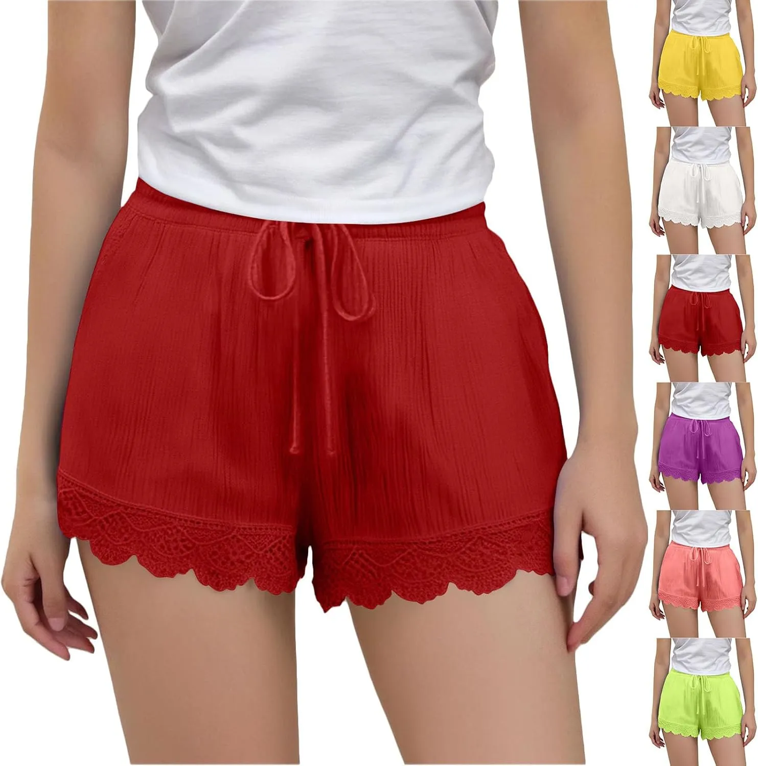 Girls Cotton Linen Shorts Cute Lace Trim Comfy Summer Elastic High Waist Yoga Dance Shorts for Kids 4-14 Years