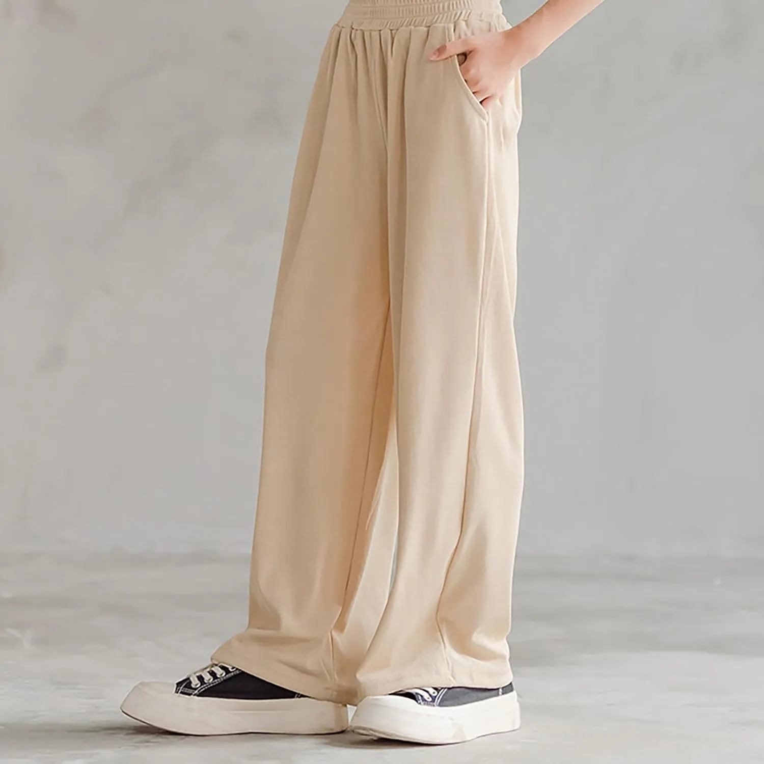 Girls Ice Silk Wide Leg Pants Kids Solid Elastic Waist Palazzo Pant Loose Straight Comfy Sweatpants Baggy Trousers